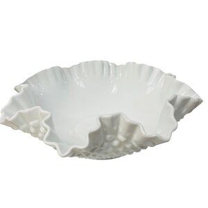 Fenton White Hobnail Milk Glass Ruffled Edge Bowl 9" Decorative Centerpiece